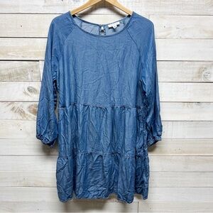 Beach Lunch Lounge Dress Womens Large Blue‎ Chambray Tiered Long Sleeve Keyhole